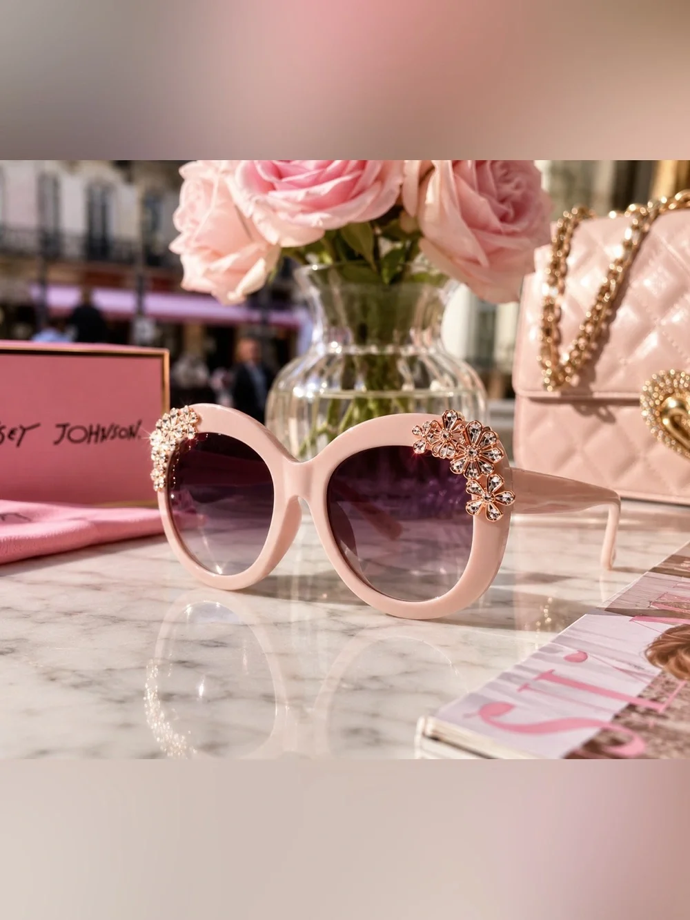 Betsey Johnson Pink Round Floral Embellished Sunglasses - Picture 11 of 11